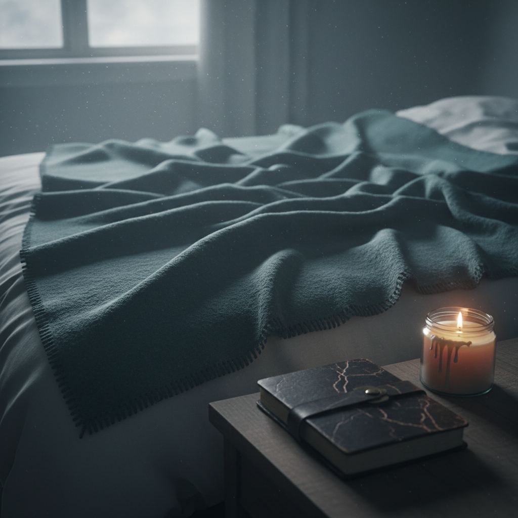 A crumpled wool blanket draped across a slightly unmade bed, the fabric a deep, muted teal with visible pilling and worn edges that speak of long nights and heavy thoughts. On the bedside table, a closed journal with a cracked leather cover rests beside a flickering candle in a simple glass jar, the wax uneven from repeated use. Soft, overcast morning light seeps through a nearby window, diffused and grey, illuminating dust motes in the air. Photographic realism, captured from a slightly elevated angle with a gentle vignette, creates a quiet, emotionally charged scene of exhaustion, resilience, and private reflection after grief and heartbreak.