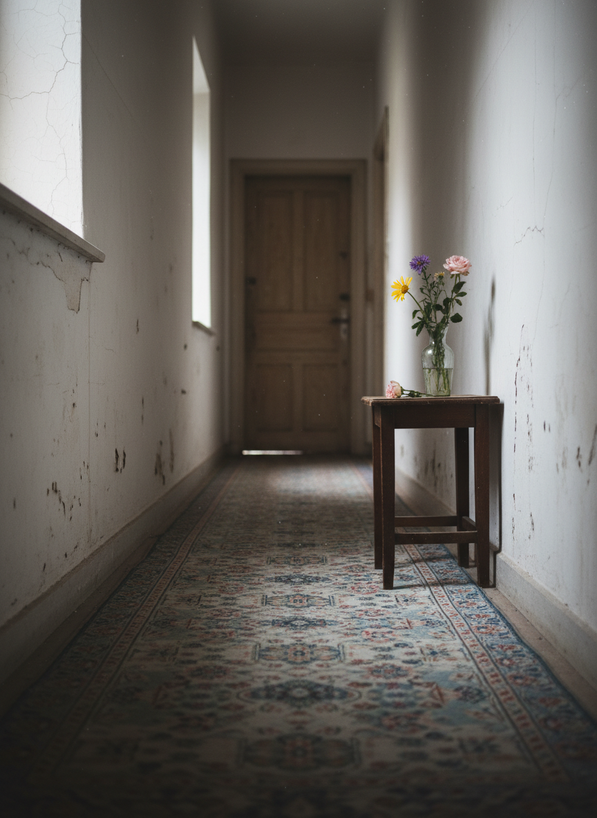 A narrow hallway with cracked white walls and a faded patterned runner rug stretching toward a closed door at the far end. On a small side table halfway down, a simple glass vase holds three mismatched wildflowers, slightly past their prime, petals beginning to curl and fall. The only light source is a muted, indirect glow from an unseen room, creating long, soft shadows and a gentle gradient of darkness toward the door. Photographic realism, captured from a low, centered perspective, emphasizes depth and the sense of moving through an emotional passage. The atmosphere feels quietly tense yet hopeful, evoking the journey through loss toward a fragile, hard-won resilience.