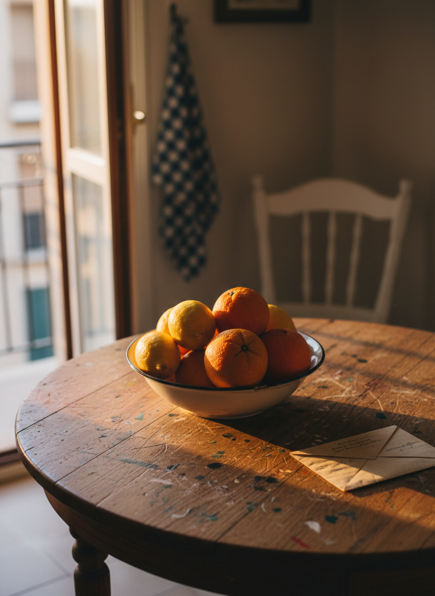A small kitchen table scarred with knife marks and faint paint stains, its oak surface glowing subtly under the golden hour light entering through a narrow balcony door. At the center, a chipped ceramic bowl overflows with fresh lemons and oranges, their textured skins vibrant against the worn wood. Beside them lies a single folded letter, its edges softened from being read many times. In the blurred background, an empty high chair and a hanging dish towel hint at motherhood and everyday chaos. Photographic realism, shot with side lighting and shallow depth of field, conveys bittersweet resilience, ordinary life carrying on after pain and loss.