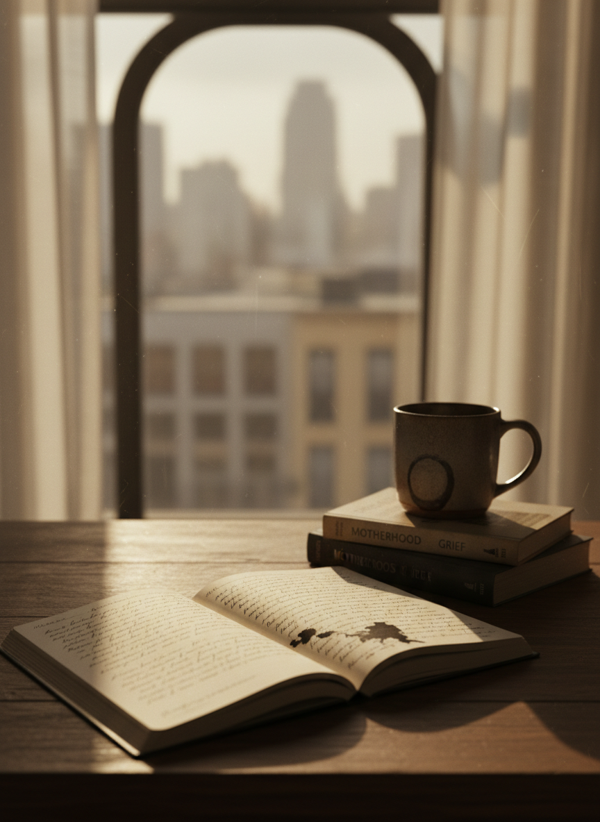A weathered wooden writing desk with a single open notebook at its center, its cream pages filled with dense, slanted handwriting and a few ink smudges that hint at hurried, emotional revisions. A heavy ceramic mug, half-drunk and ringed at the bottom, rests on a stack of dog-eared books about motherhood and loss. The desk is near a tall window overlooking a city in soft focus. Late afternoon light filters through sheer curtains, casting long, melancholic shadows and warm highlights across the paper. Photographic realism, shot at eye level with shallow depth of field, creates an intimate, contemplative atmosphere that suggests a life examined through raw, personal writing.